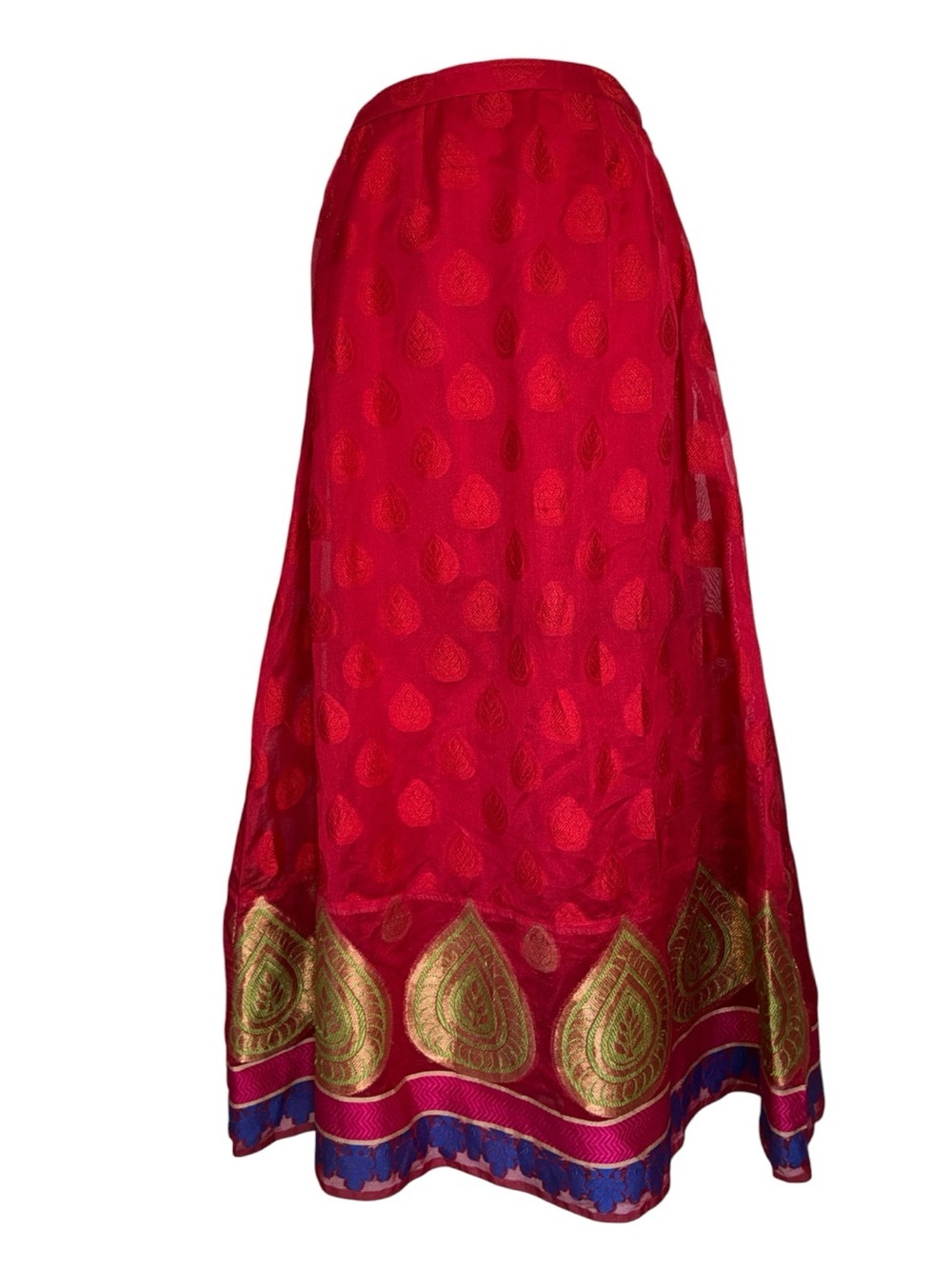Elegant Bollywood skirt, red Satin, elaborate Embroidery, Maxi.  S EUC